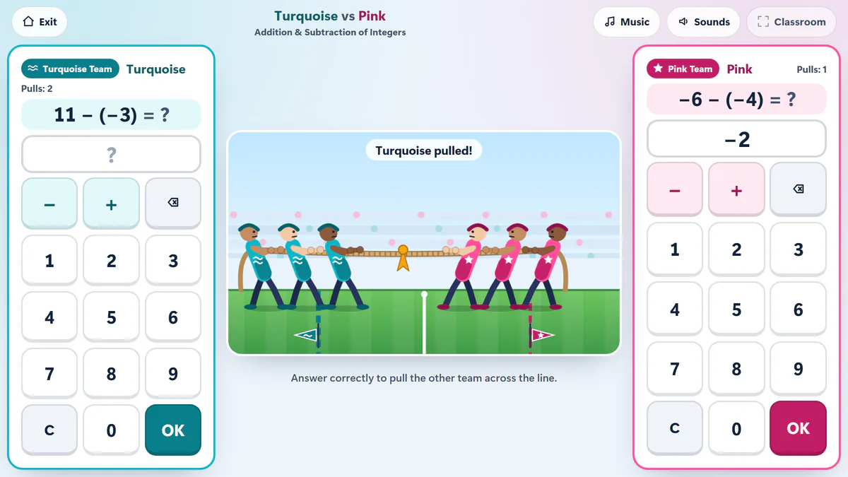 Math Tug of War gameplay artwork: the Turquoise and Pink teams pulling a rope while each side answers integer questions on a keypad