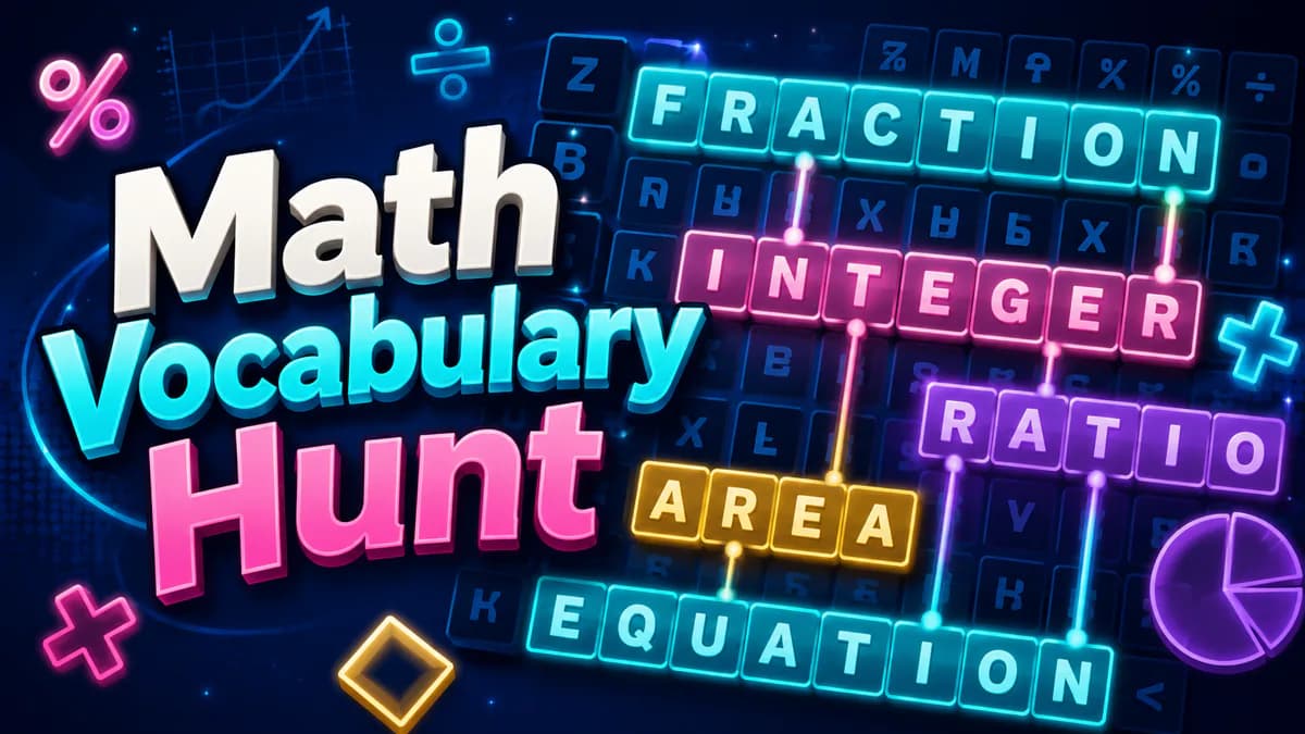 Math Vocabulary Hunt game artwork: a neon letter grid highlighting FRACTION, INTEGER, RATIO, AREA, and EQUATION
