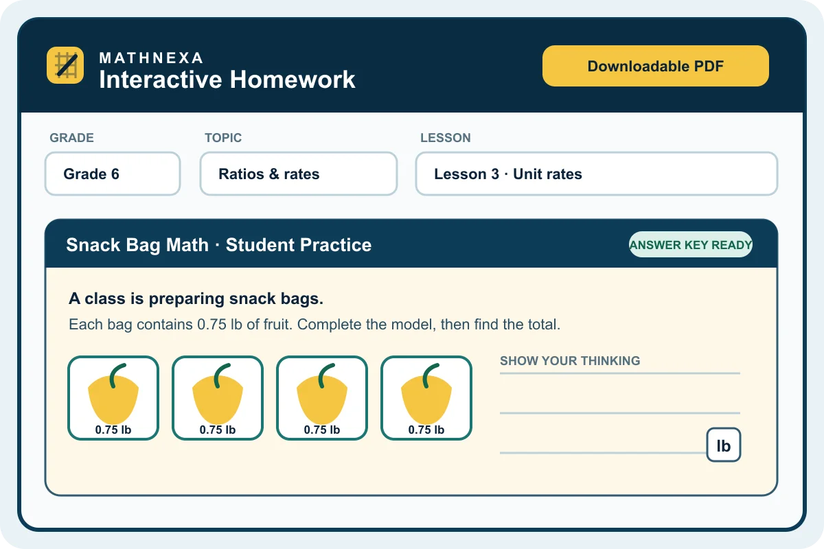 MathNexa homework sheet with fruit diagrams and space to show thinking